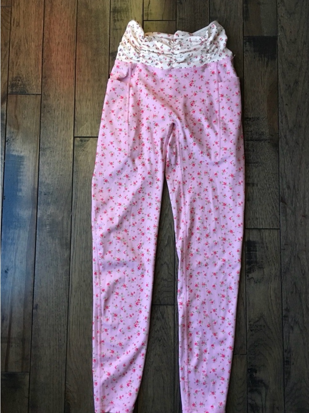 Blogilates Ruched Waist Legging Pink Floral High Rise Side Pockets Womens size L